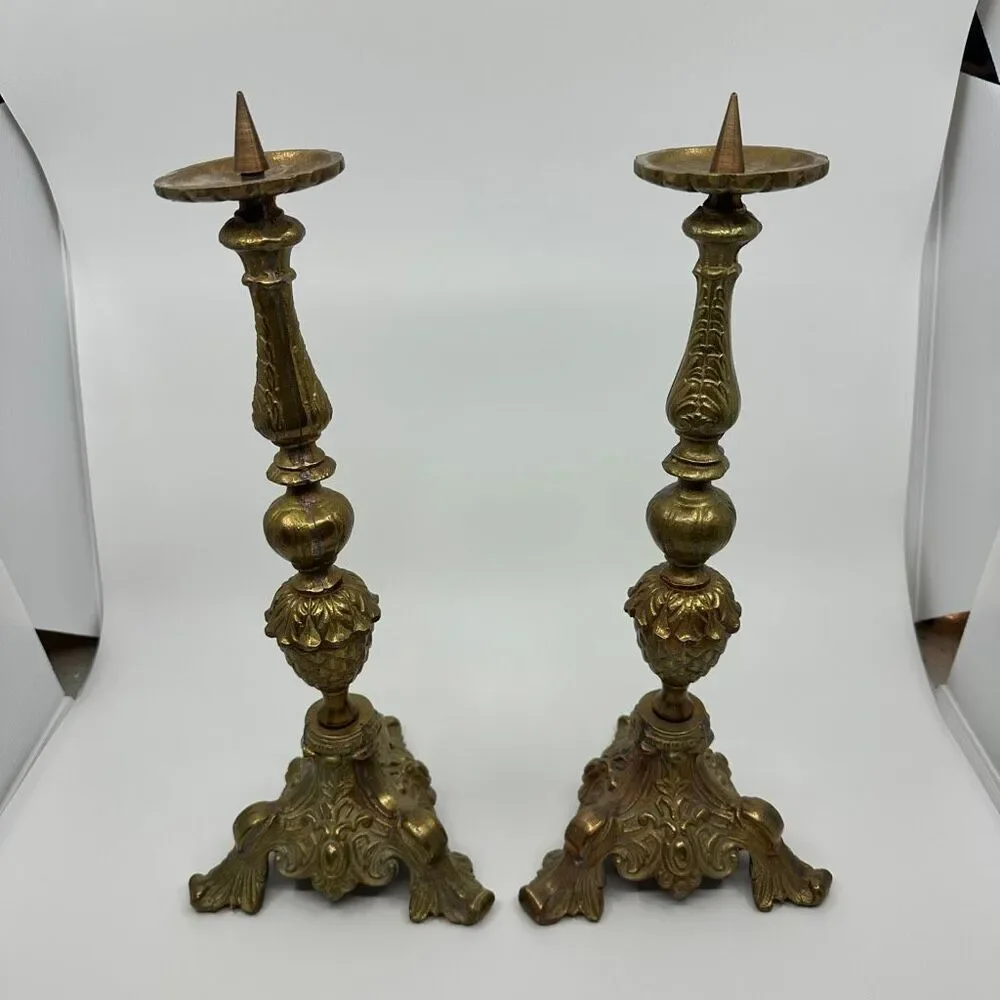 Ornate Brass Alter Candlesticks Pair